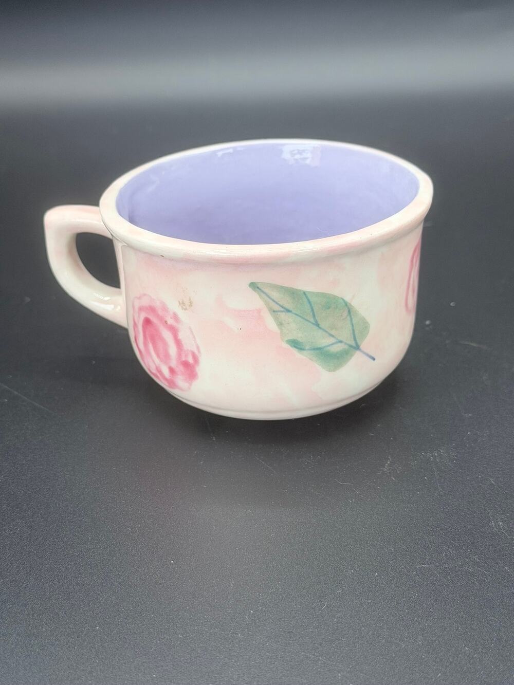 Hand Painted Ceramic Soup Mug Pink Roses Lavender Interior Oversized Cup 4.5"